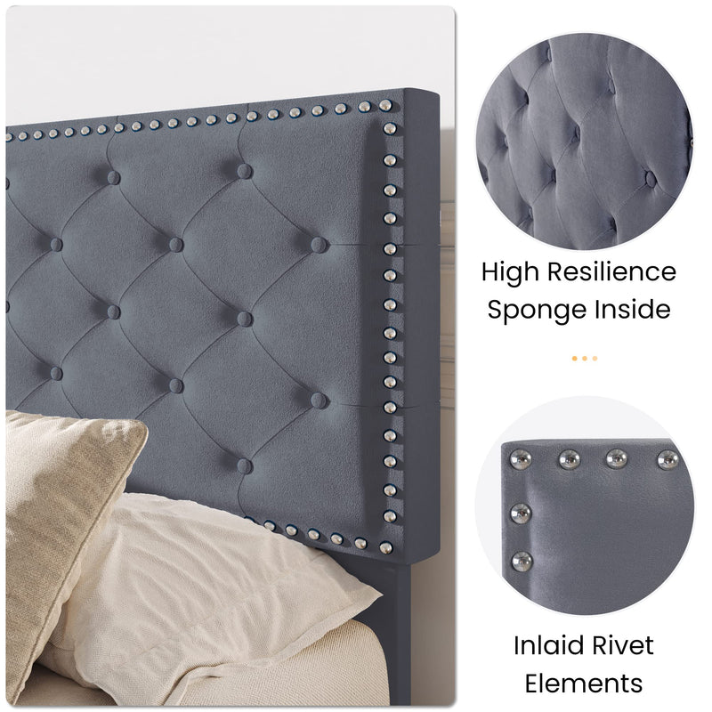 Full Size Velvet Bed Frame with Adjustable Headboard, Diamond Button Tufted and Rivet