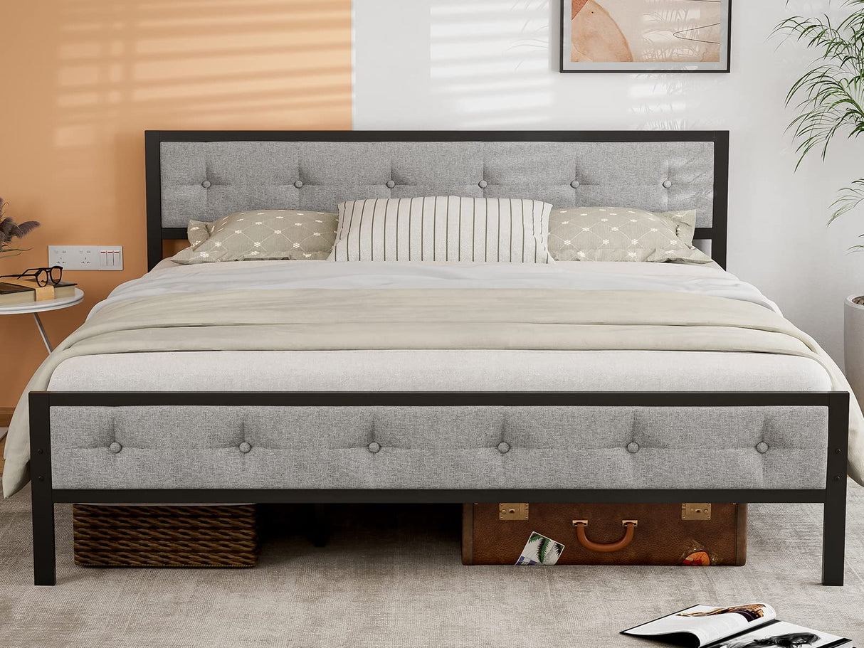 Metal King Size Bed Frame with Upholstered Linen Headboard Footboard