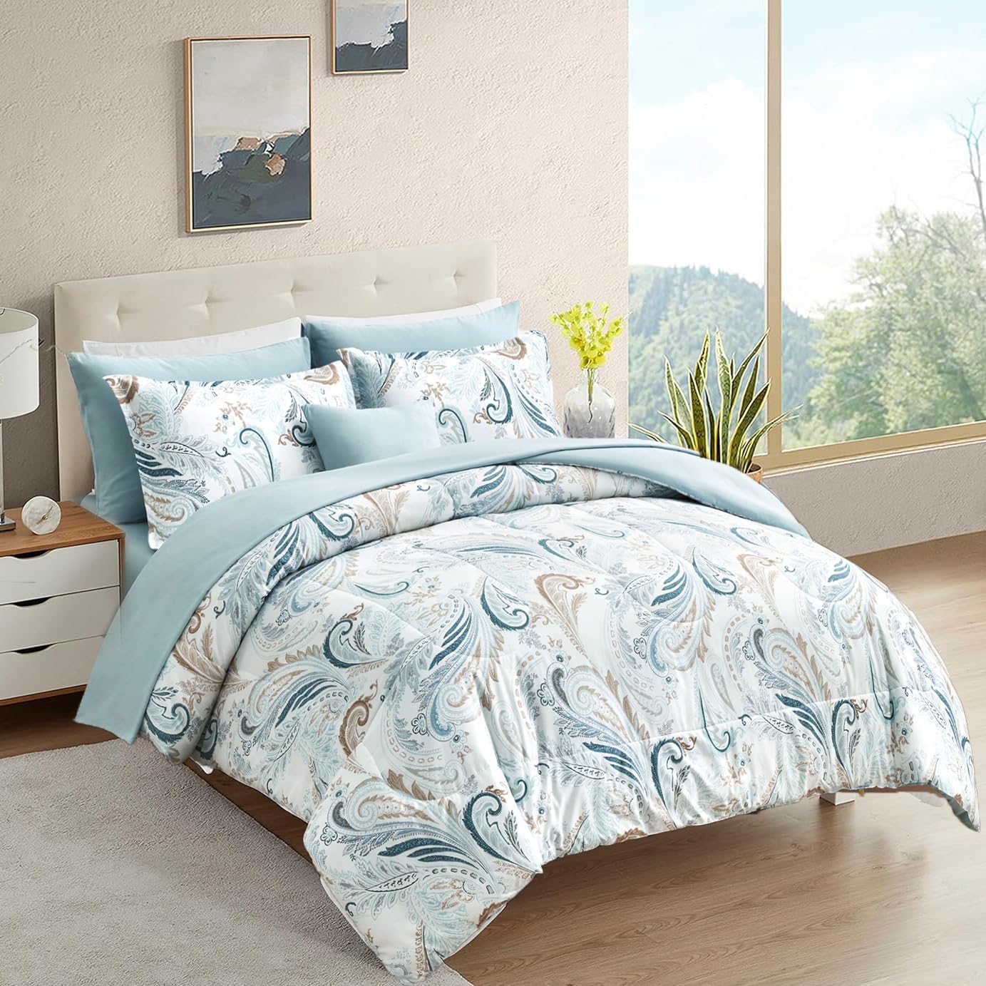 8 Pieces Bed in a Bag Blue Paisley Floral Comforter Set