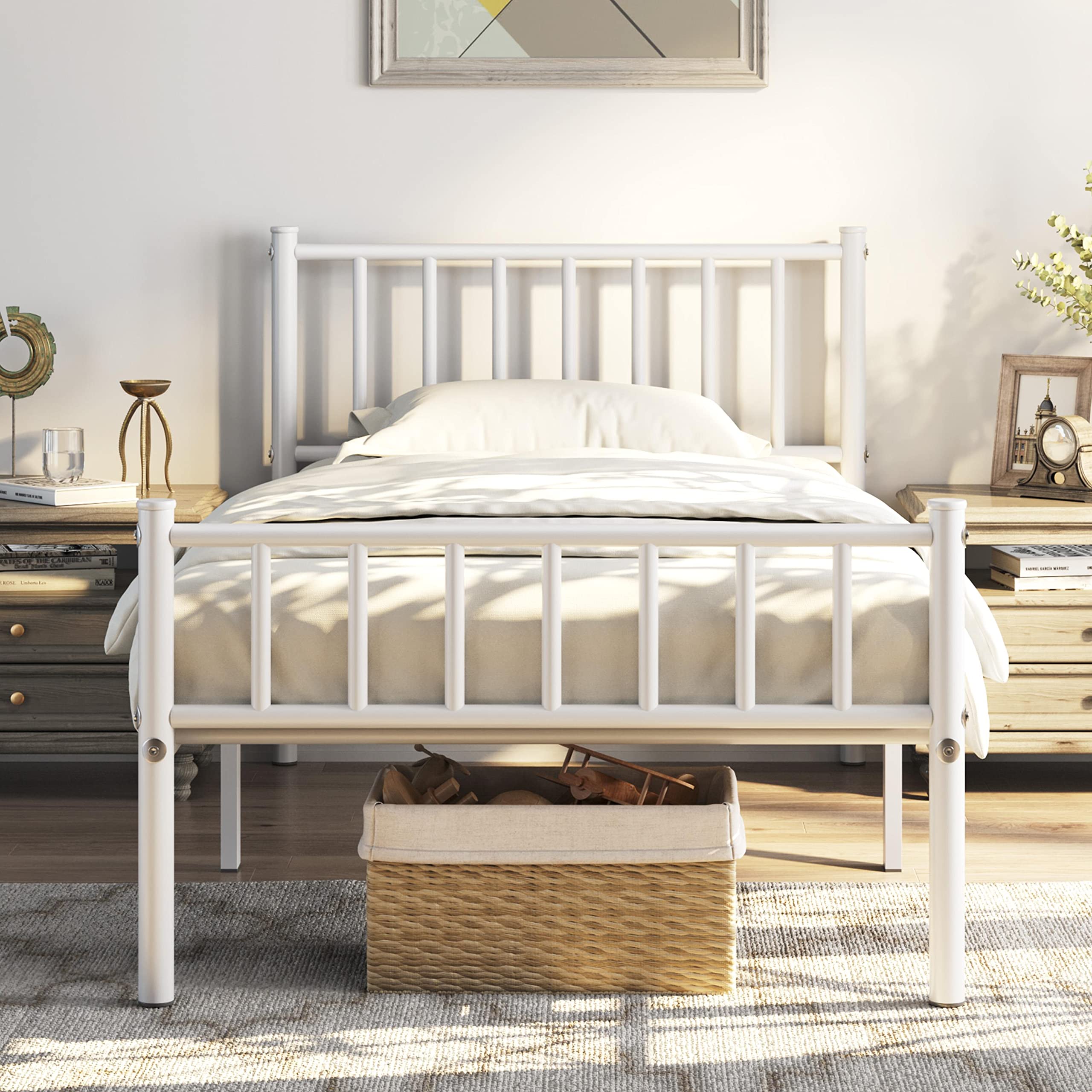 Twin Size Bed Frame Metal Platform Mattress Foundation with Spindle Headboard