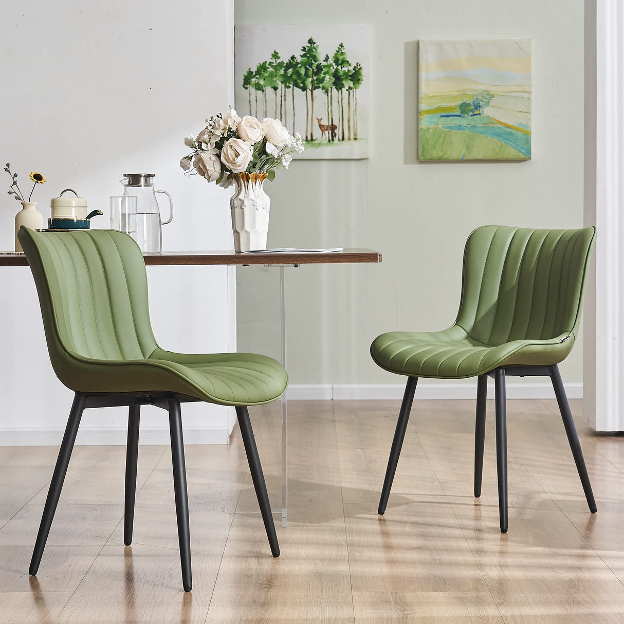 Olive Green Dining Chairs Set of 2 Upholstered Mid Century Modern Kitchen Chair