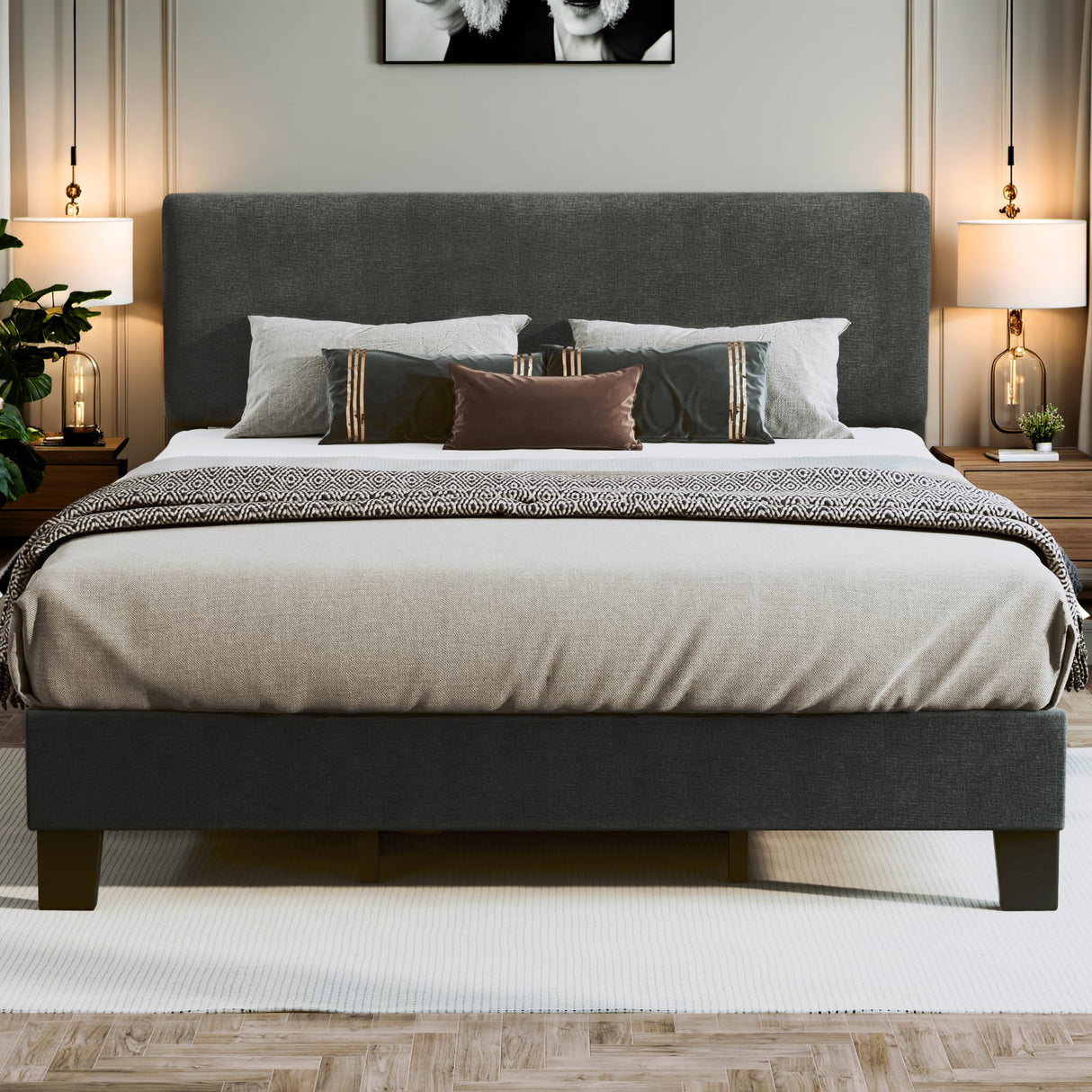 King Bed Frame with Adjustable Headboard Linen Fabric