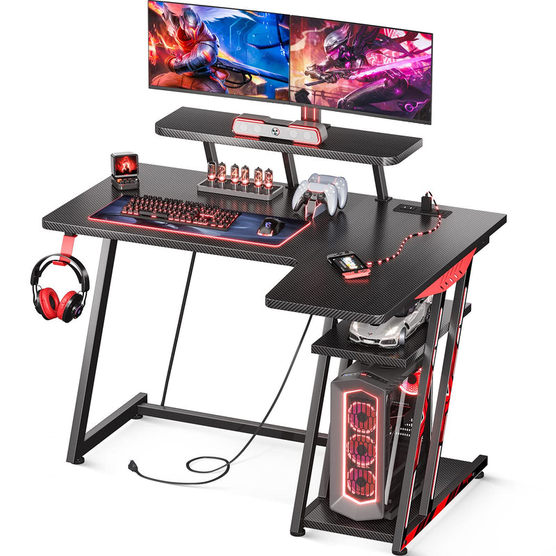 Gaming Desk L Shaped, Small Corner Desk with Storage Shelf & Power Outlets