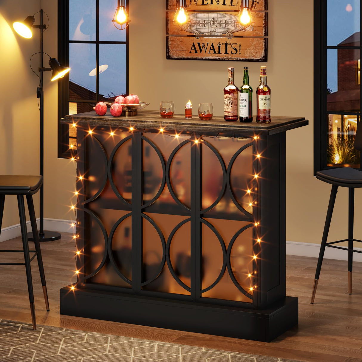 Home Bar Unit, Industrial Liquor Bar Table with Storage and Glasses Holder