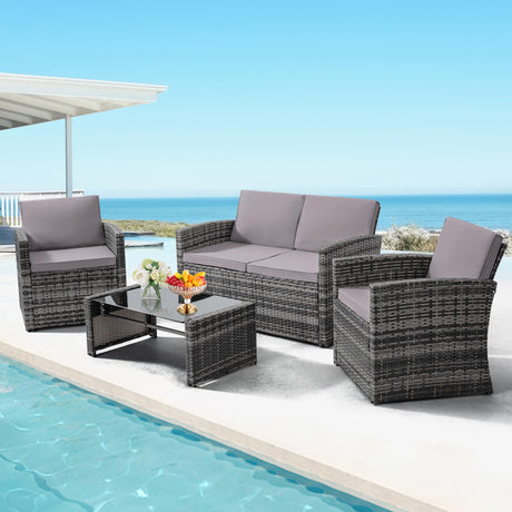 4 Pieces Patio Conversation Set, Outside Rattan Sectional Sofa