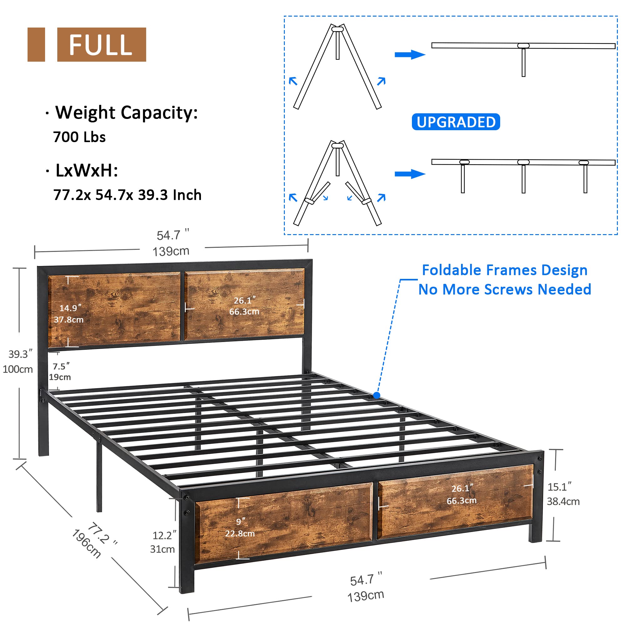 Full Platform Bed Frame with Rustic Vintage Wood Headboard
