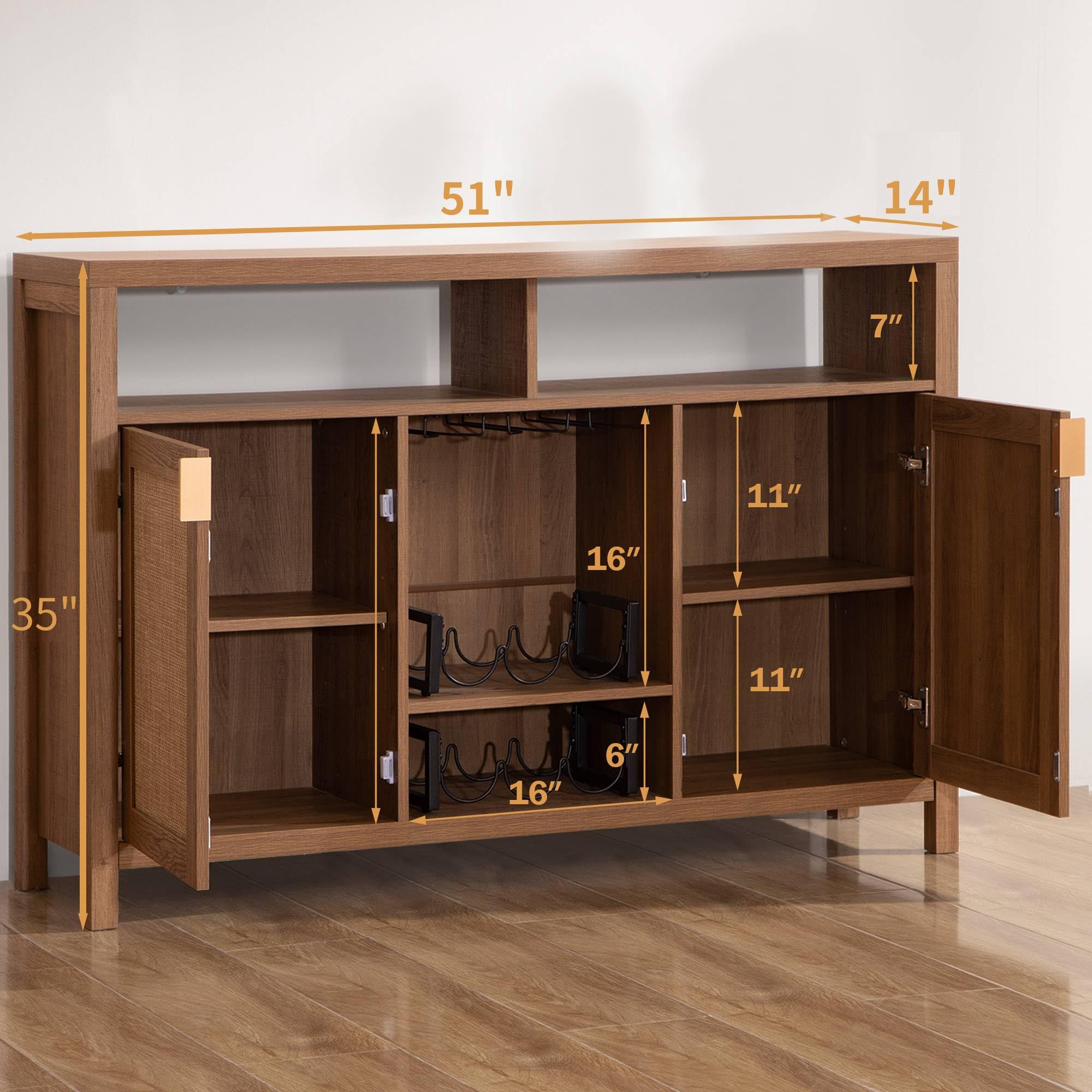 Coffee Bar Cabinet, 51" Rattan Sideboard Buffet Cabinet with Storage