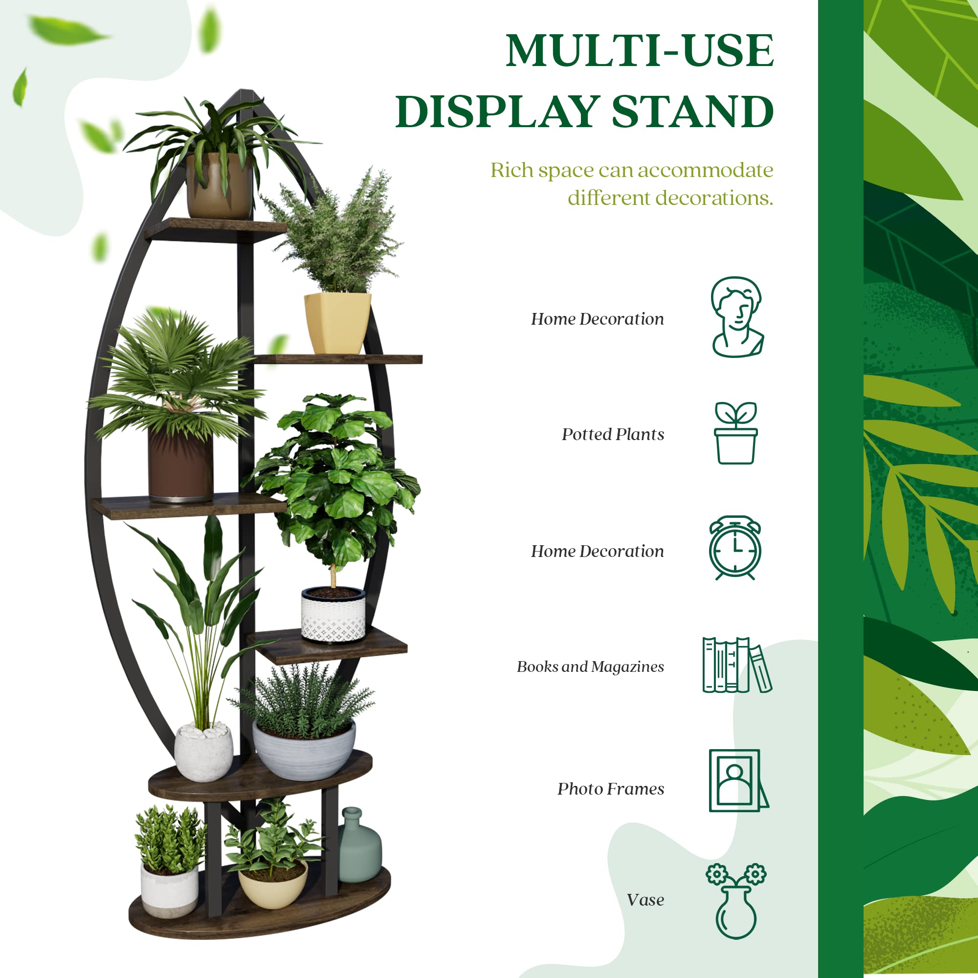 YOLENY 6-Tier Leaf-Shaped Plant Stand – White Metal & Wood Indoor Shelf