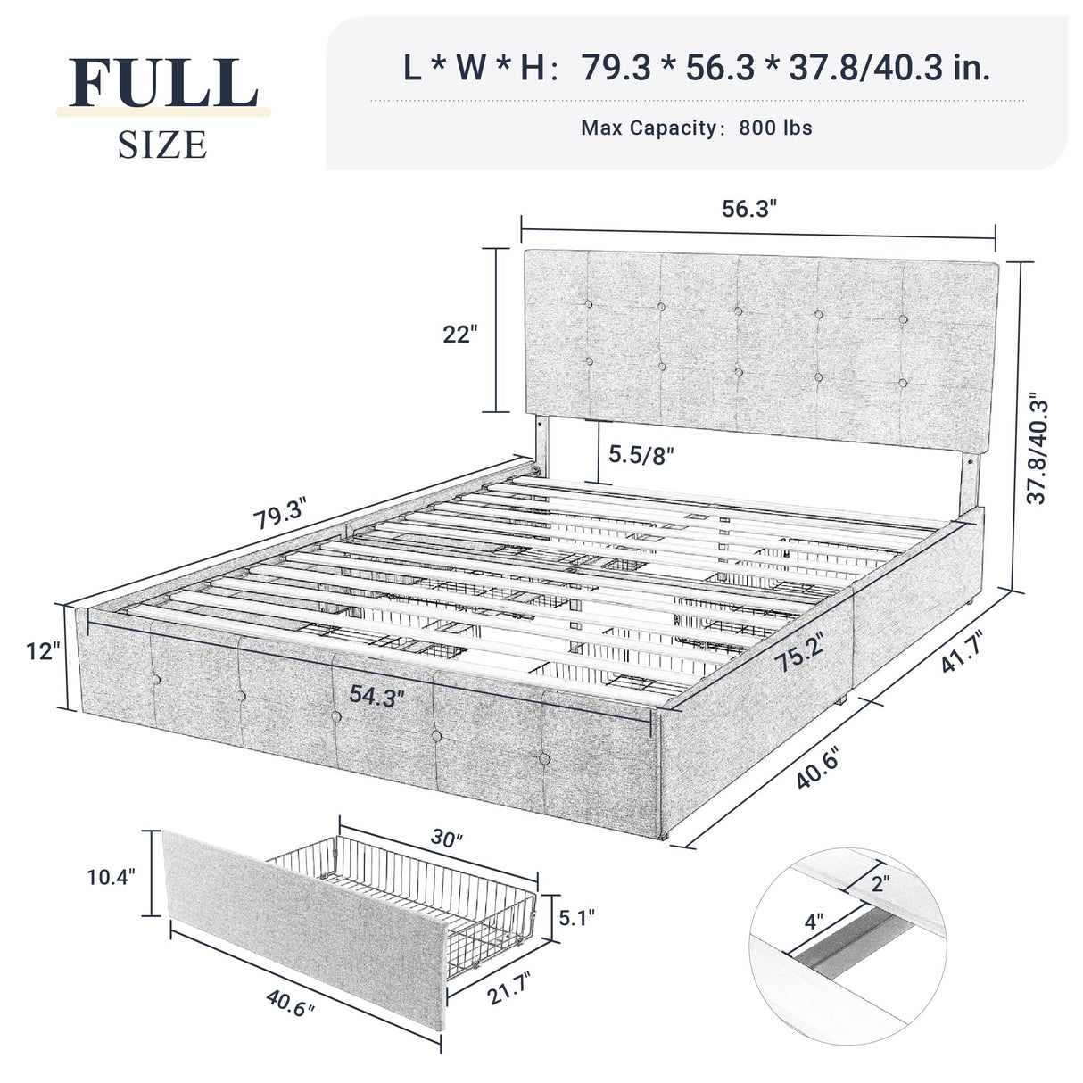 Upholstered Full Size Platform Bed Frame with 4 Storage