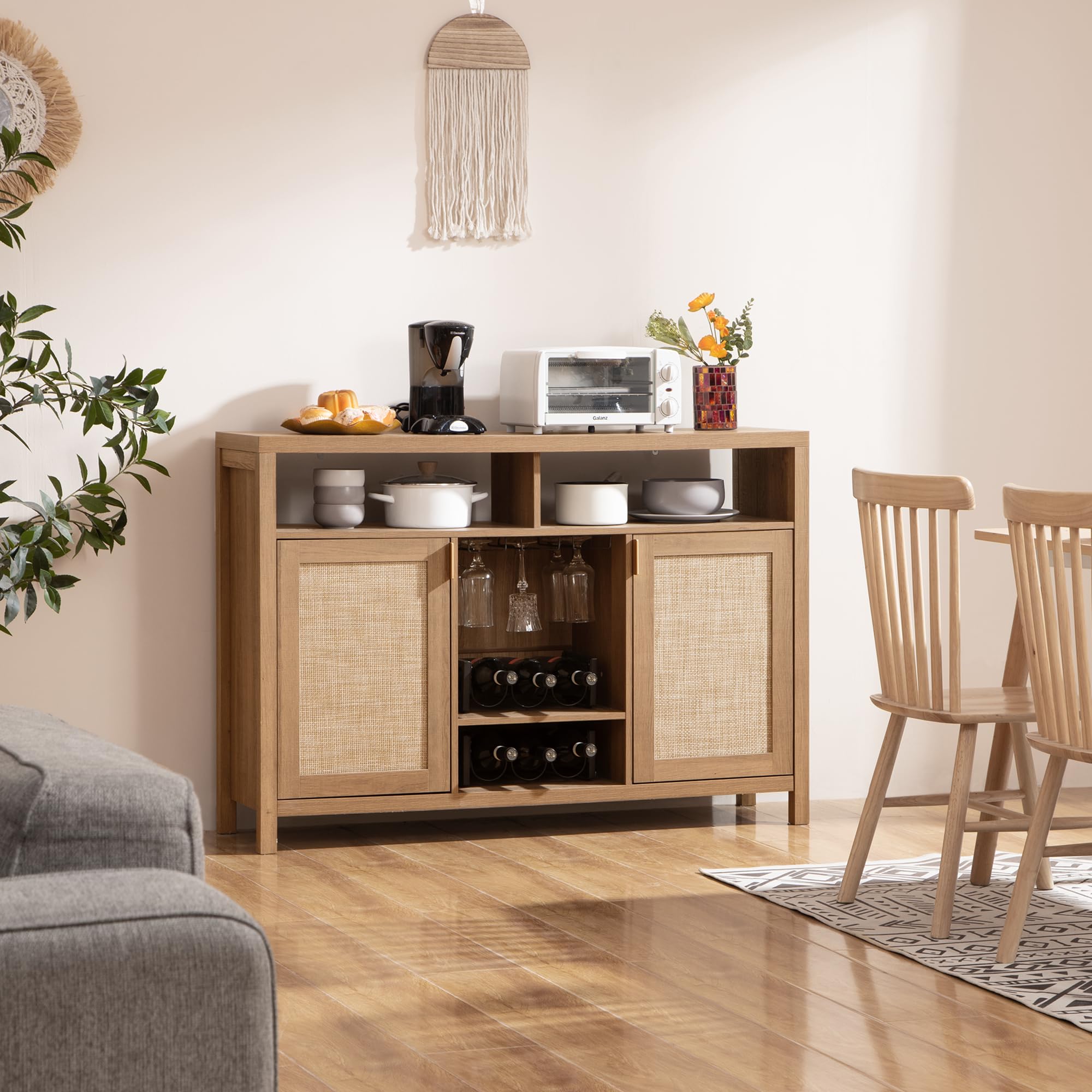 Coffee Bar Cabinet, 51" Rattan Sideboard Buffet Cabinet with Storage
