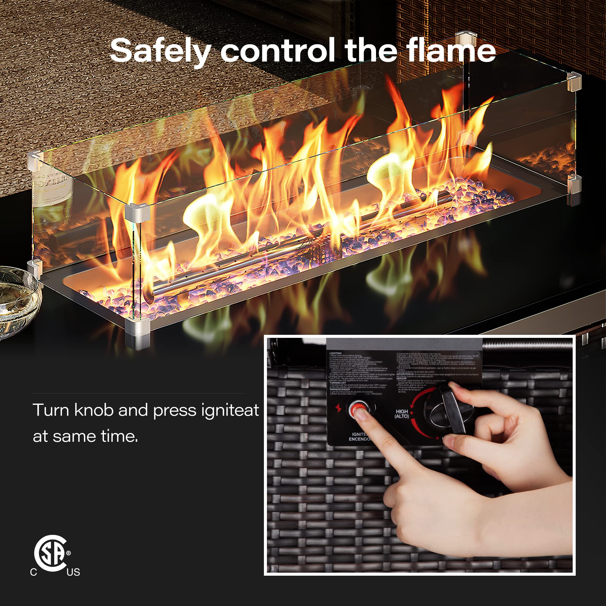 Fire Pit Table - 43 Inch Outdoor Rattan Propane Gas Fire Pit with Glass Wind Guard