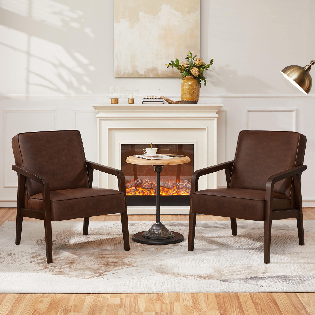 PU Leather Accent Chair, Mid-Century Modern Barrel Chair with Wooden Frame