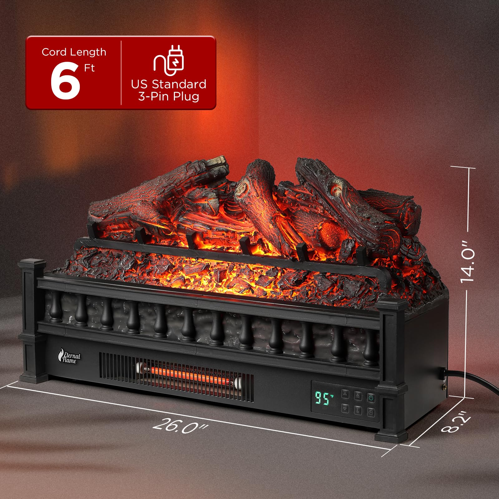 WiFi Infrared Quartz Electric Fireplace Log Heater with Sound Crackling