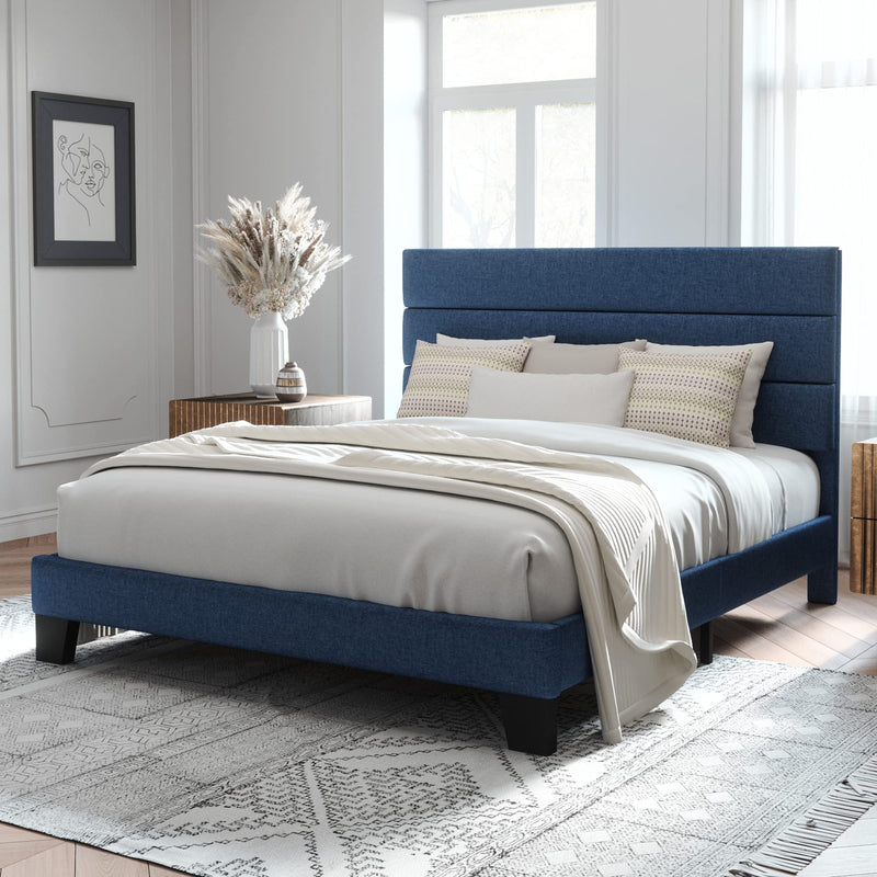 Full Size Platform Bed Frame with Fabric Upholstered Headboard and Wooden Slats Support