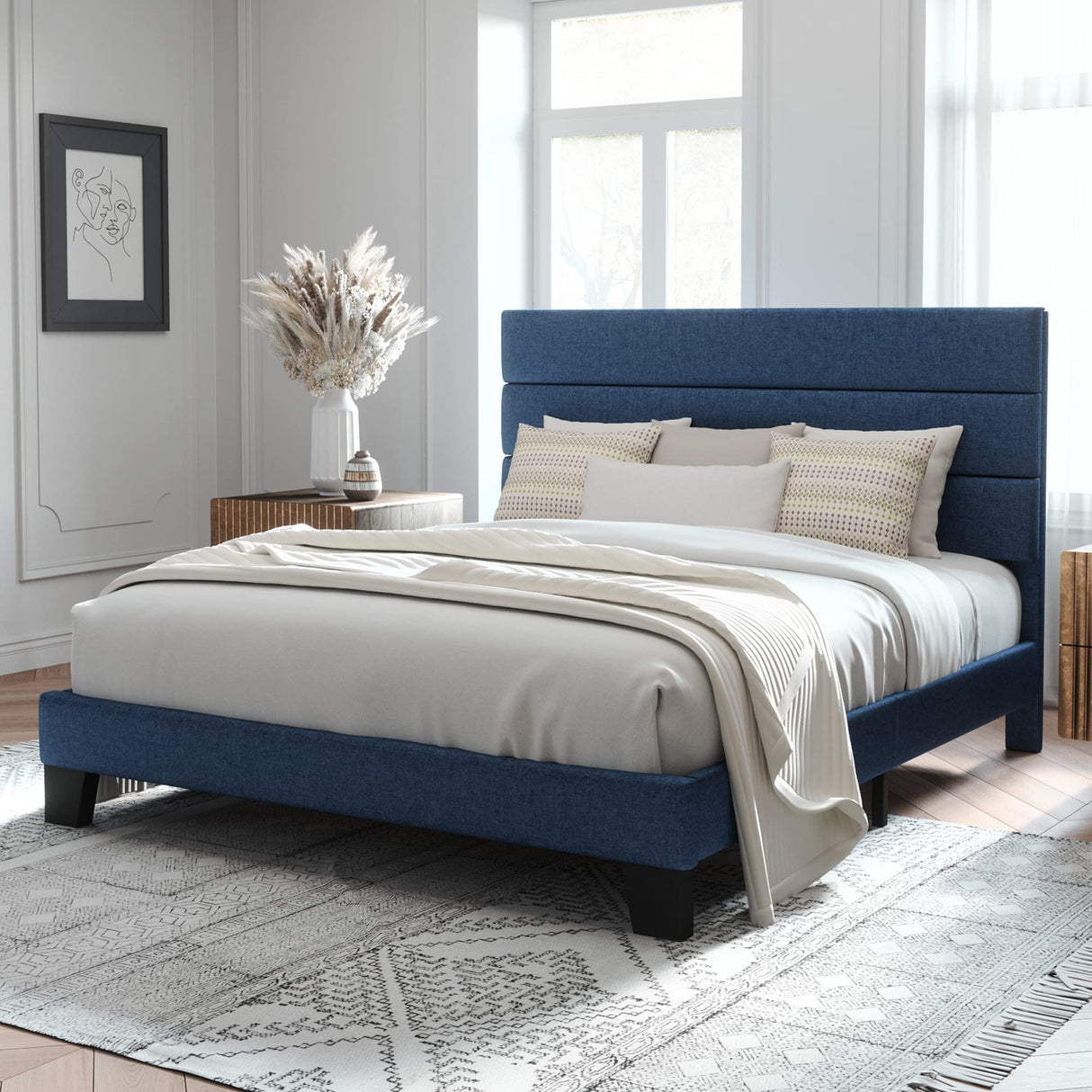 Queen Size Platform Bed Frame with Fabric Upholstered