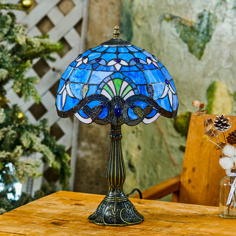 Tiffany Table Lamp Blue Stained Glass Style Vintage