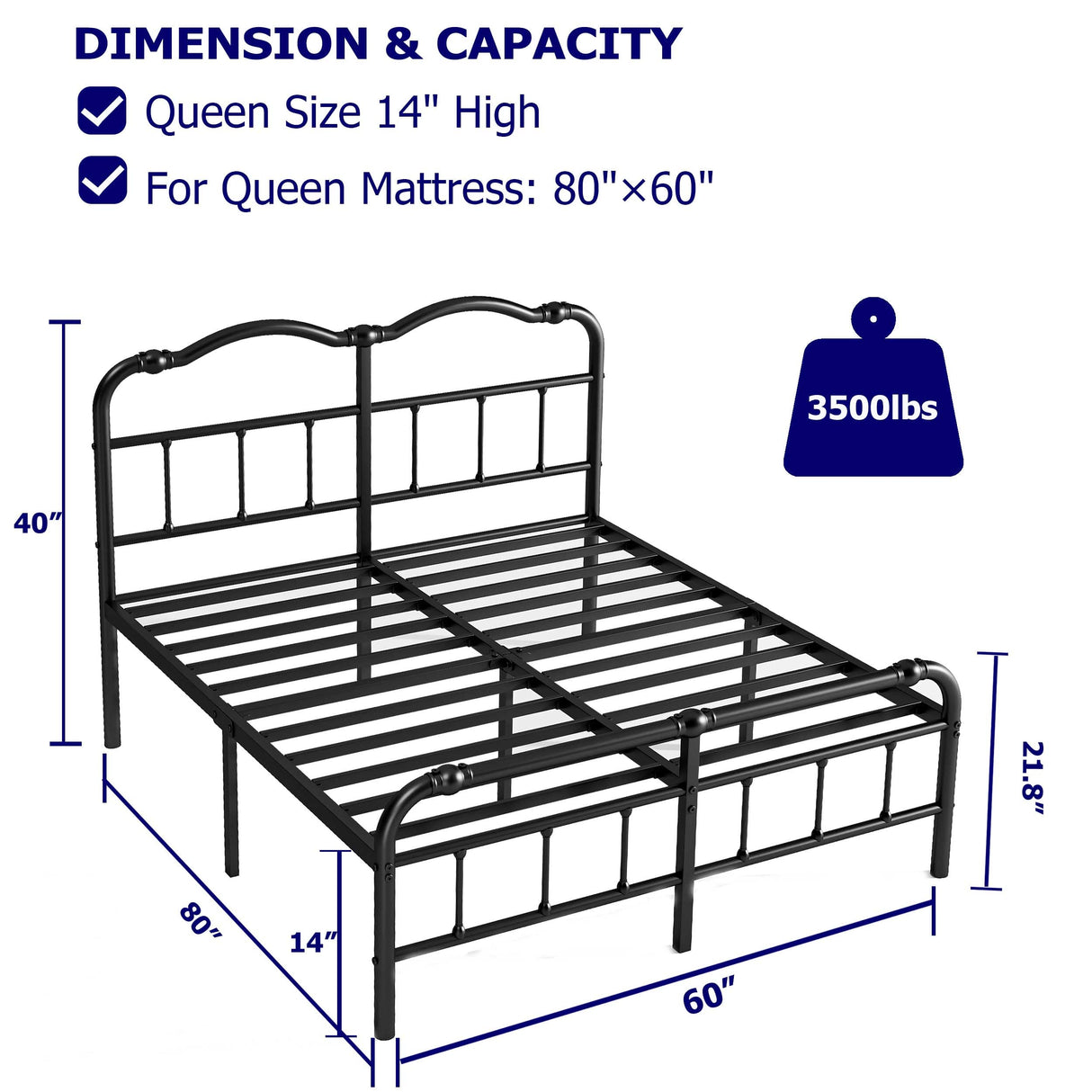 Queen Size Bed Frame with Headboard and Footboard, 14 Inch High