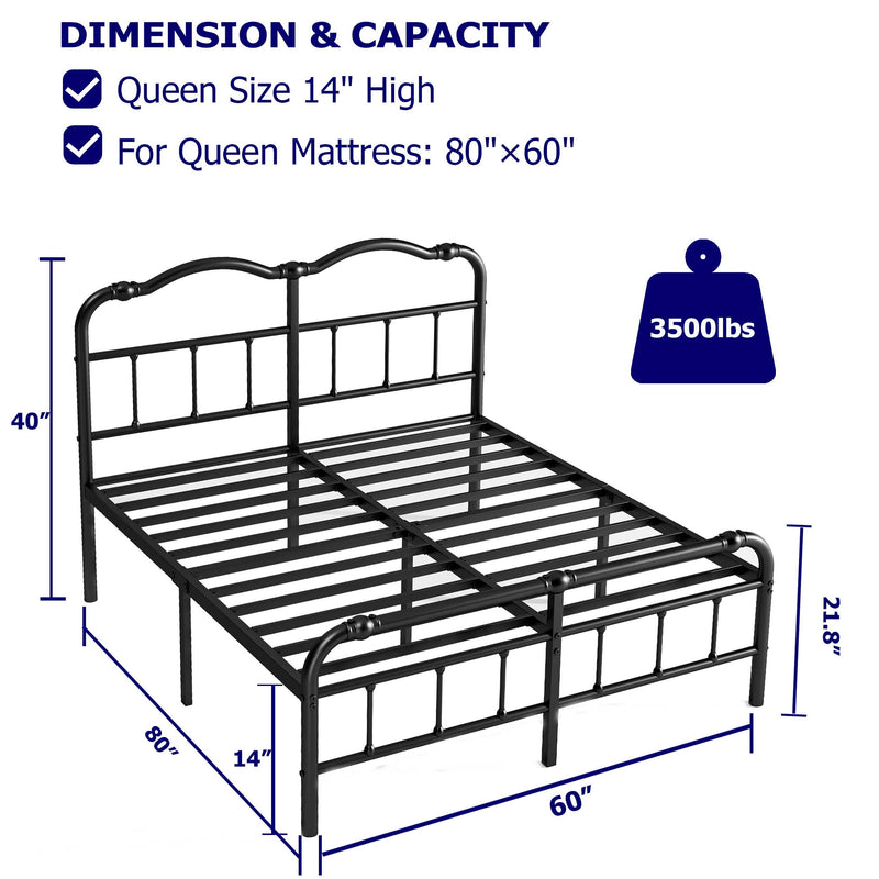 Queen Size Bed Frame with Headboard and Footboard, 14 Inch High, No Box Spring