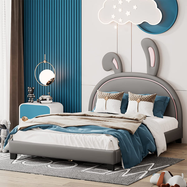 Full Size Upholstered Leather Platform Bed with Bunny Ears Headboard
