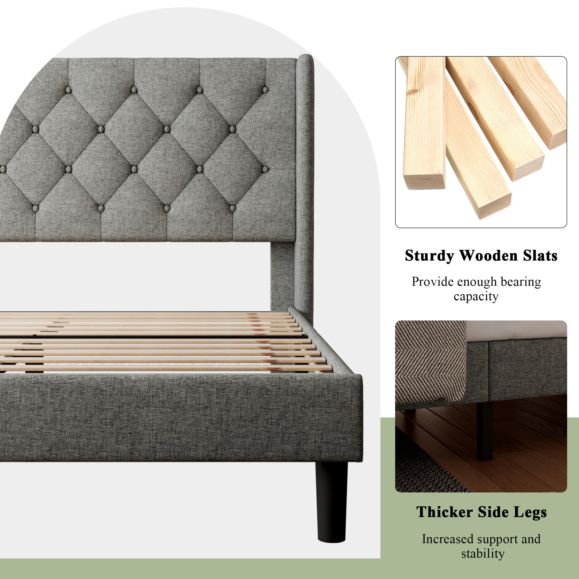 King Size Bed Frame with Wingback, Upholstered Platform Bed