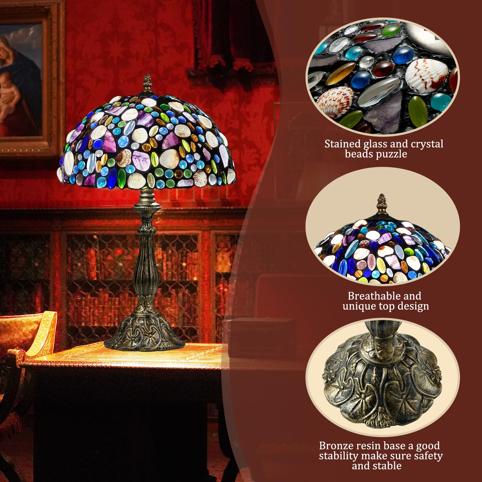 Tiffany Table Lamp,Stained Glass Lamp with Natural Shell and Amethyst,12" Vintage