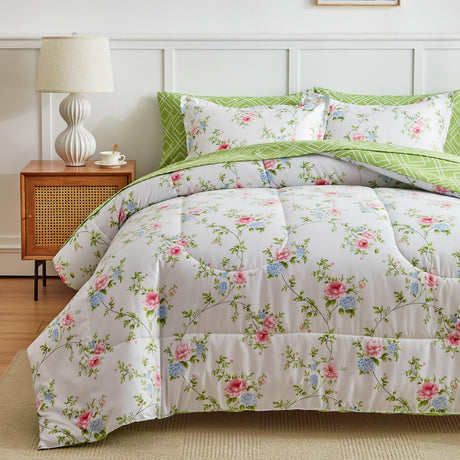 Bed in a Bag 7 Pieces - Floral Print - Soft Microfiber, Reversible Bed Comforter Set