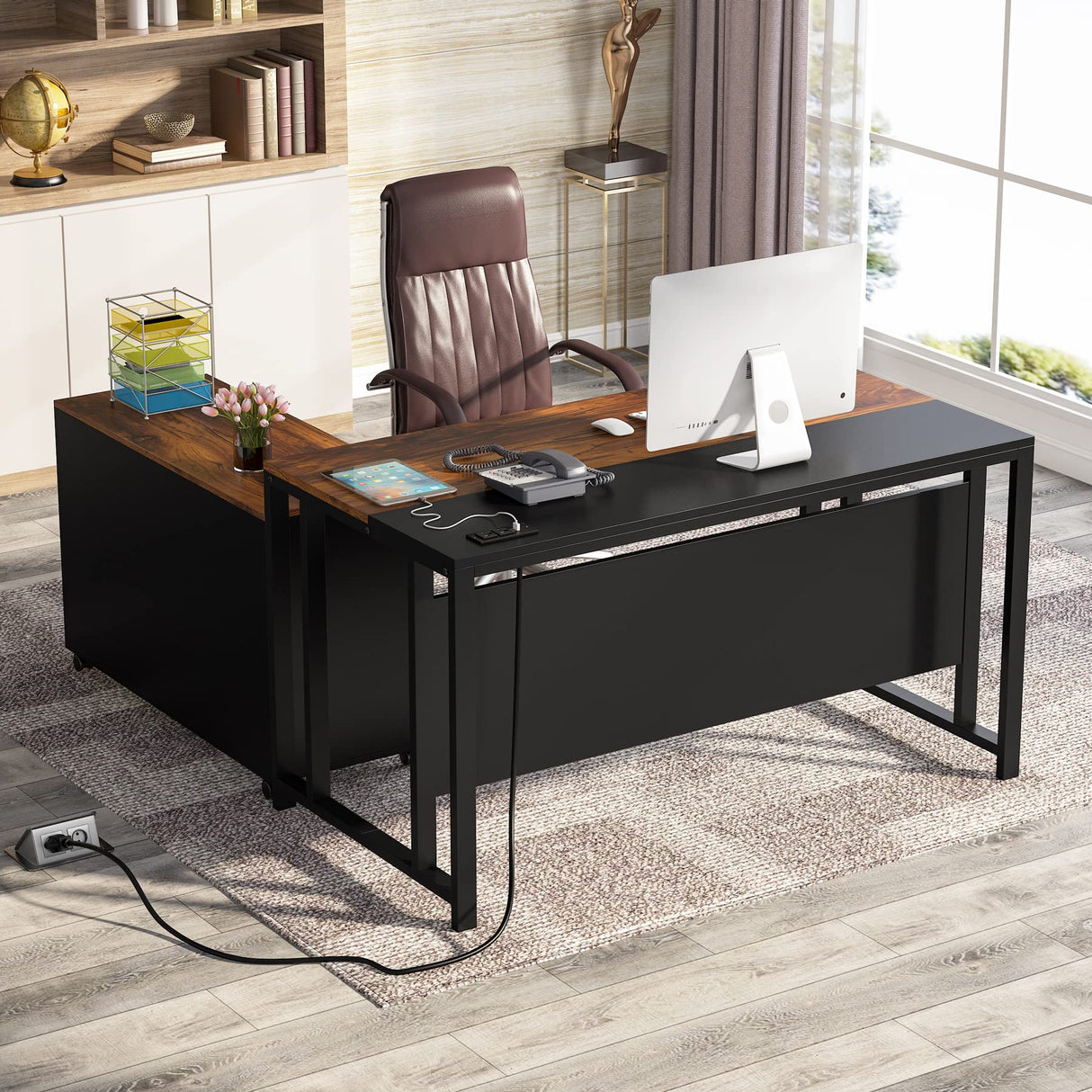 L-Shaped Computer Desk with Power Outlet and Drawer Cabinet