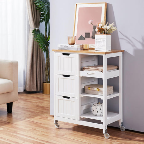 Kitchen Island Cart on Wheels with 3 Drawers and 3 Open Shelves