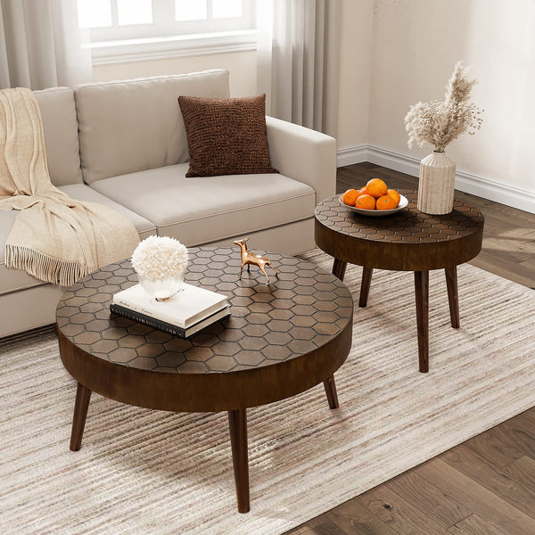 2 Piece Traditional Circle/Round Coffee Table and End Table Set with Honeycomb Pattern