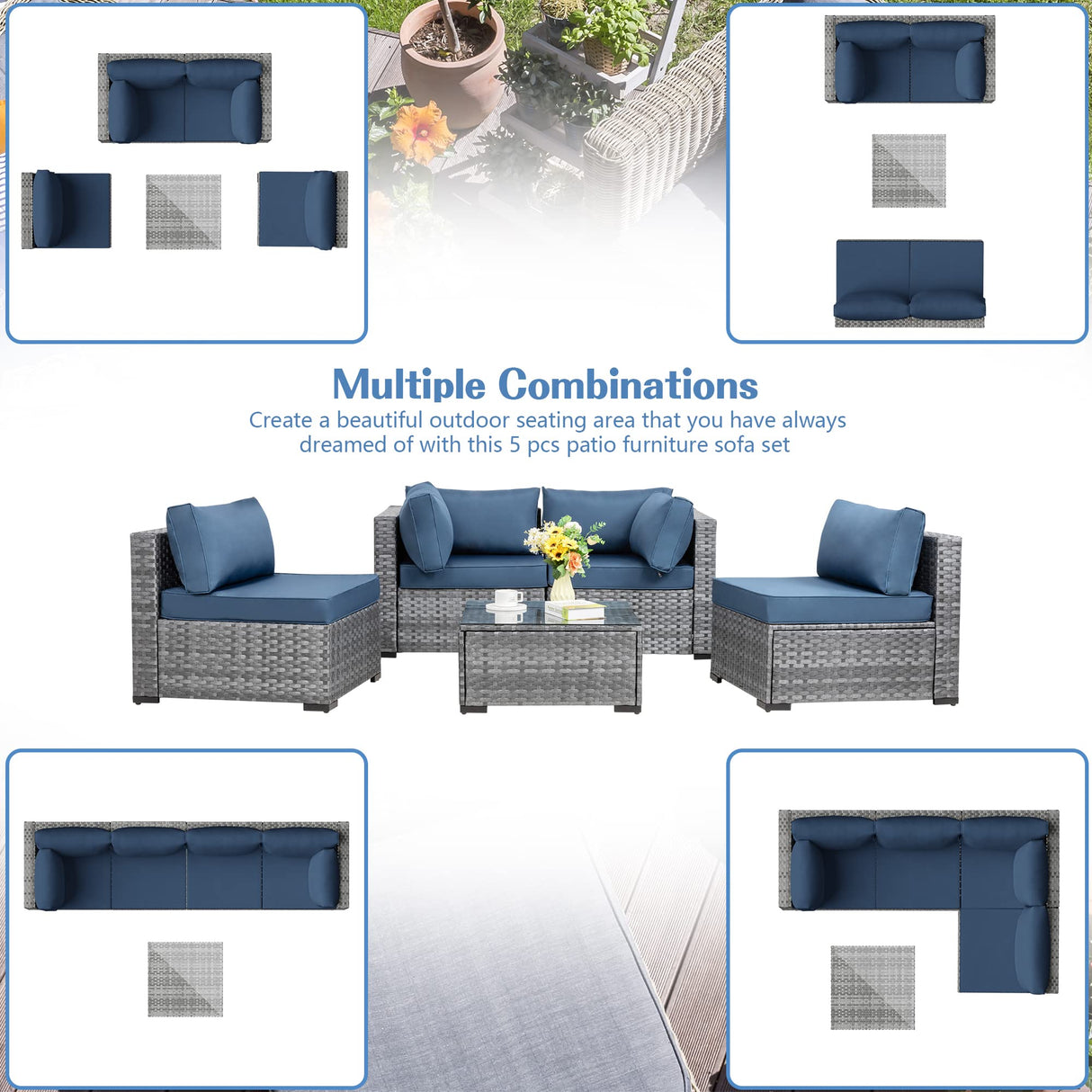 5 Pieces Outdoor Patio Sectional Sofa Couch, Silver Gray PE Wicker Furniture