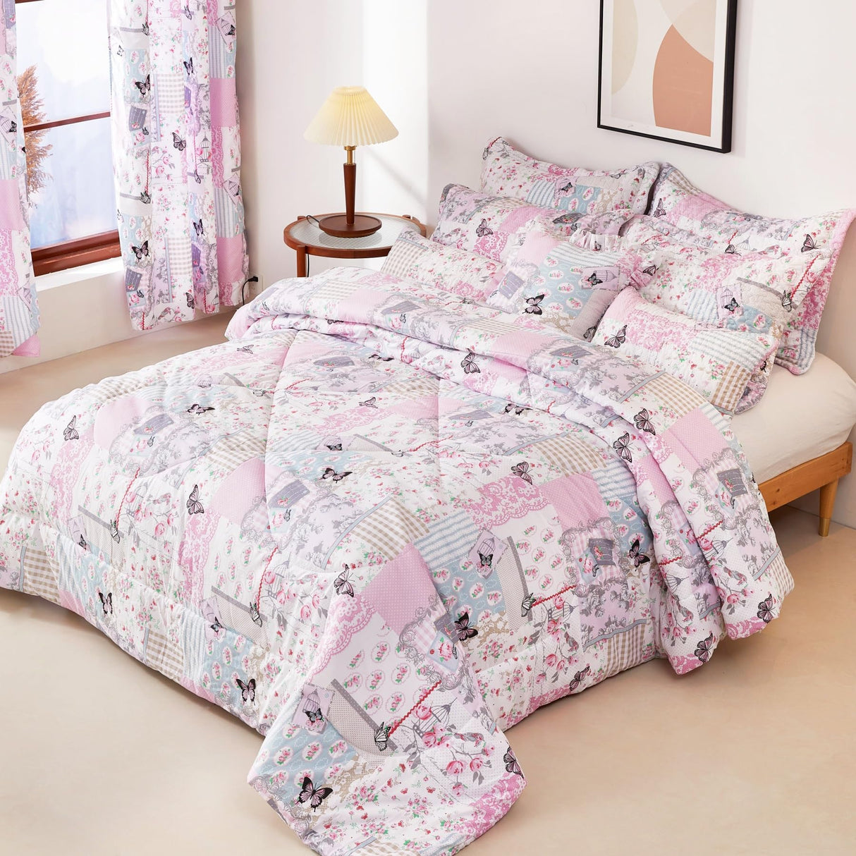 Garden Floral Bedding Set Queen,Reversible Comforter 3 Pieces