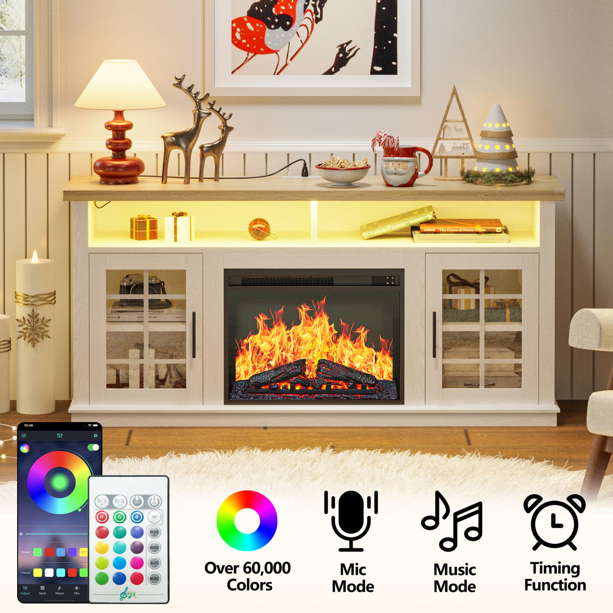 Fireplace TV Stand with Power Outlet and LED Light