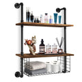 Industrial Pipe Shelving 2 Tiers 24in Bathroom Shelves Wall Mounted with Paper Storage Basket