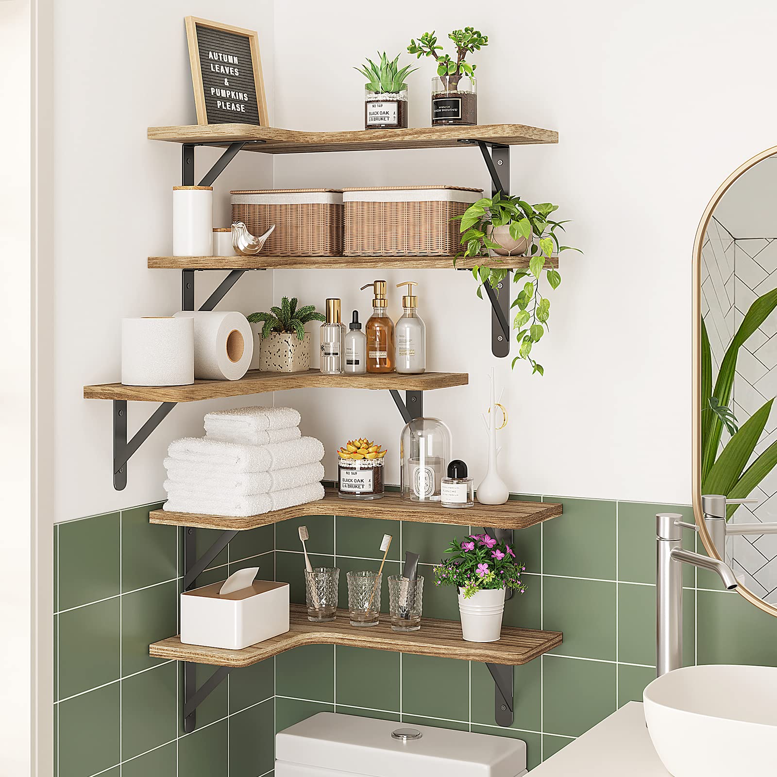 Corner Floating Shelves, Wall Mounted Corner Shelf Set of 5, Rustic Wood Wall Shelves