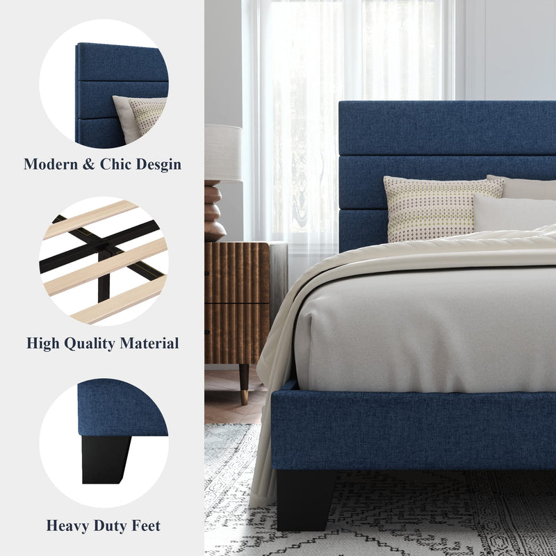 Full Size Platform Bed Frame with Fabric Upholstered Headboard and Wooden Slats Support