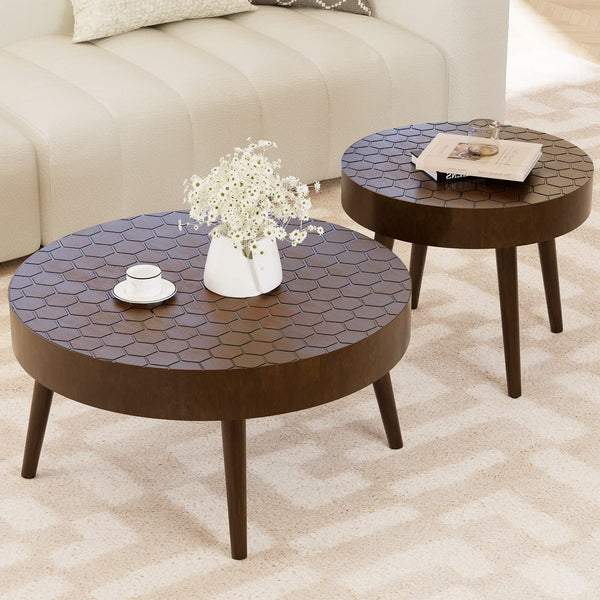 Round Coffee Table Set w Honeycomb Pattern Tabletop, 2 Piece of Wood Coffee Table Circle w Wood Grain Finish