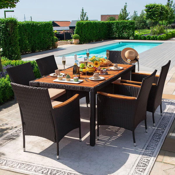 Dining 7 PCS Furniture, Patio Conversation Set with Acacia Wood Table Top