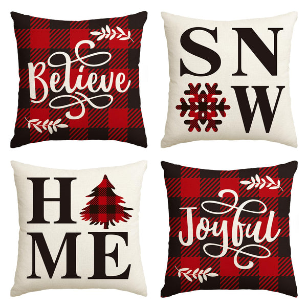 Buffalo Plaid Believe Joyful Home Snow Throw Pillow Cover, 18 x 18 Inch Christmas