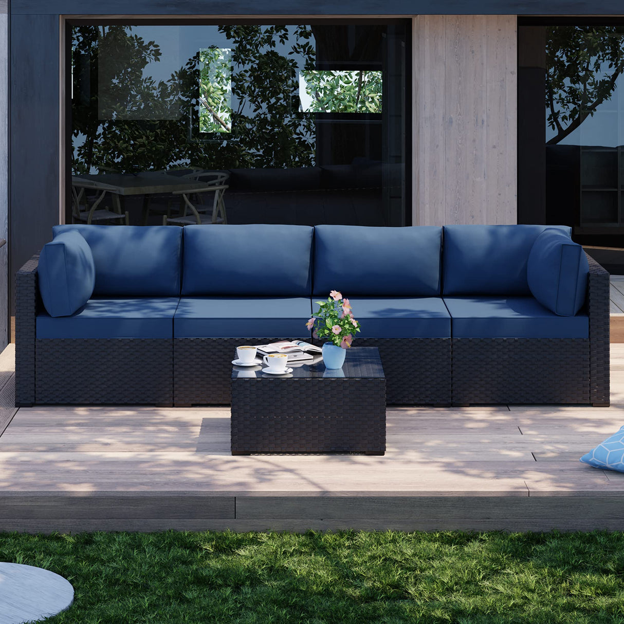 5 Pieces Outdoor Patio Sectional Sofa Couch, Black PE Wicker Furniture Sets