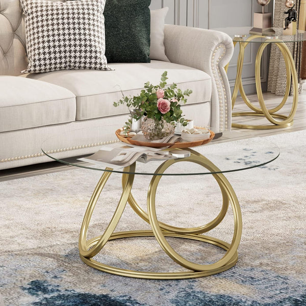 Gold Coffee Table, Modern Round Glass Coffee Table for Living Room with Ring-Shaped Frames, Gold Glass Table