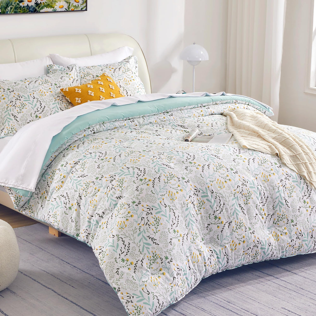 Cute Floral Bedding Comforter Sets, 3 Pieces Breathable and Soft Comforter with Pillow