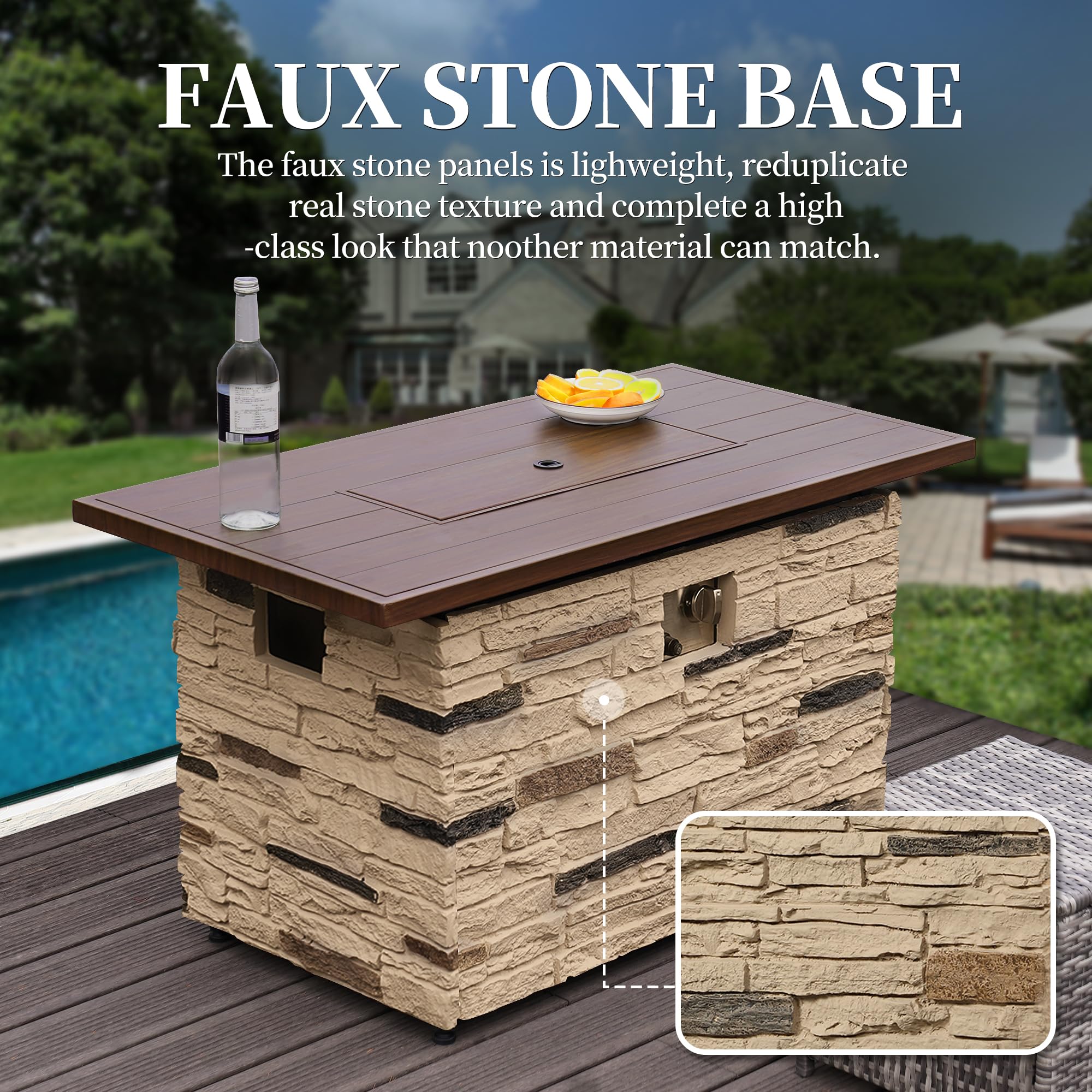43" Propane Table Stone Rectangular 50000 BTU Propane Fire Table