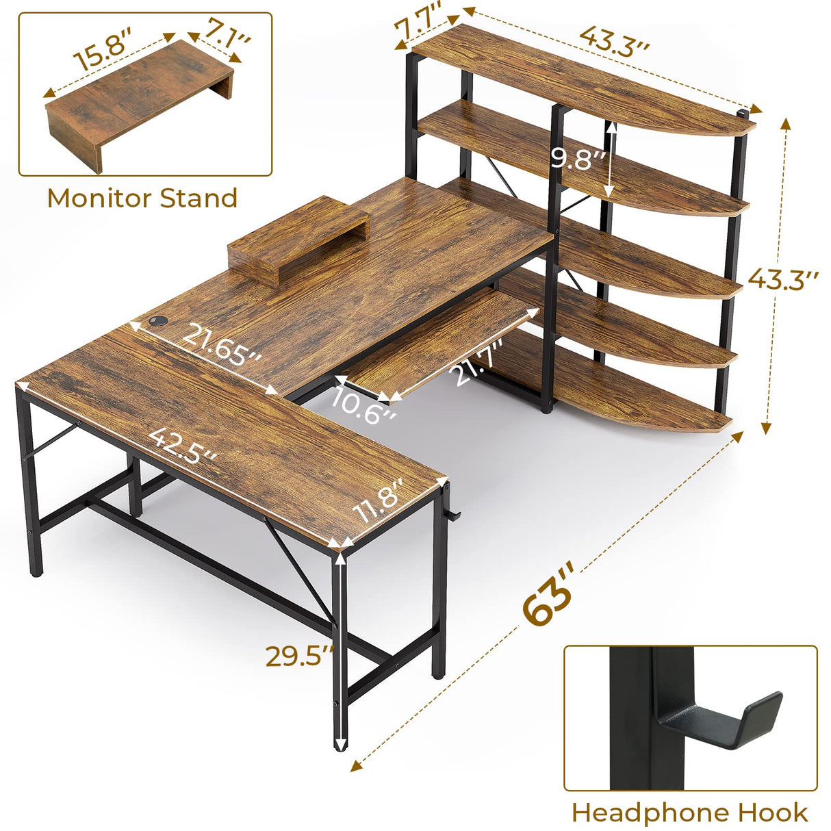 L Shaped Computer Desk, 63'' Office Desk with Keyboard