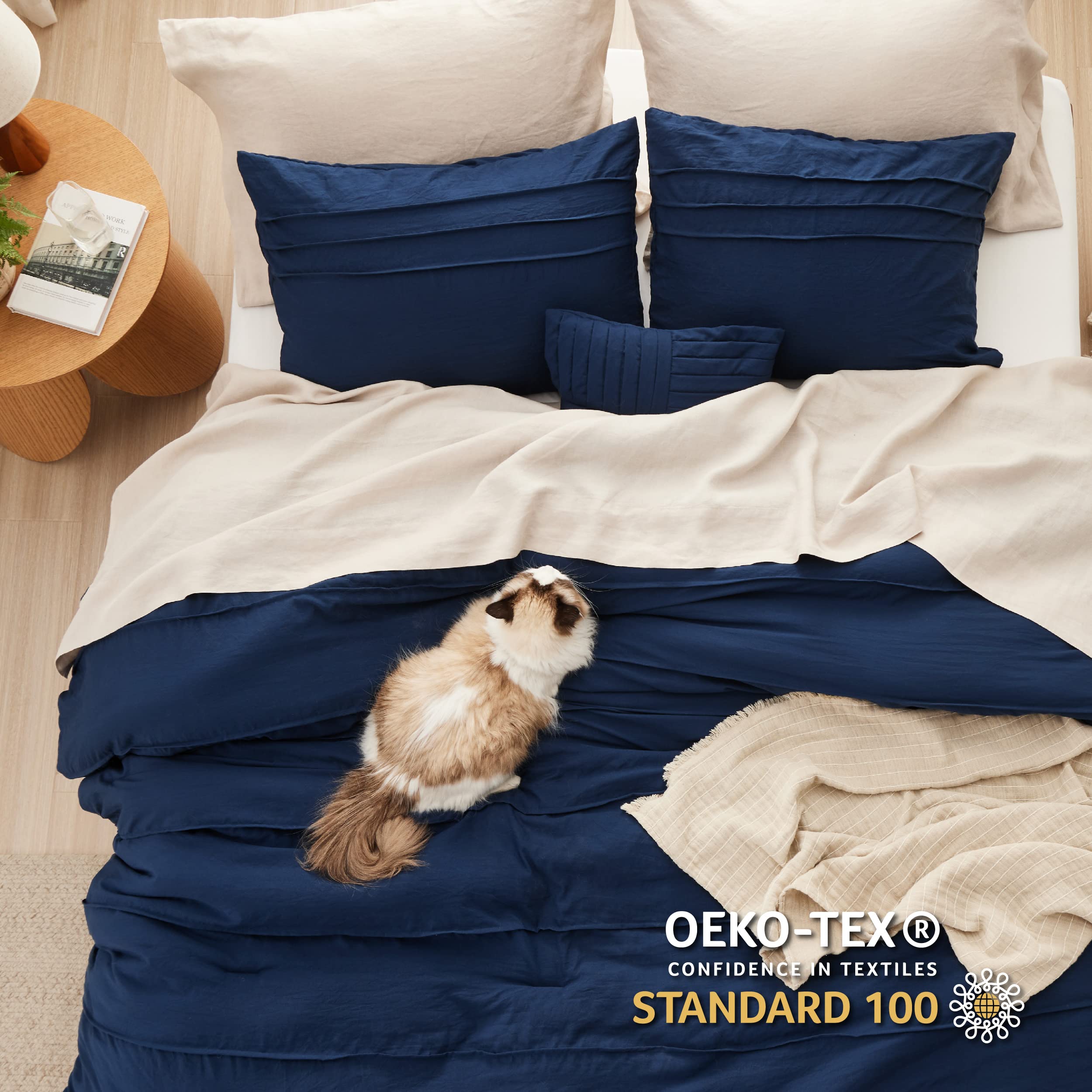 Navy Blue King Size Comforter Set - 4 Pieces Pinch Pleat Bed Set, Down Alternative