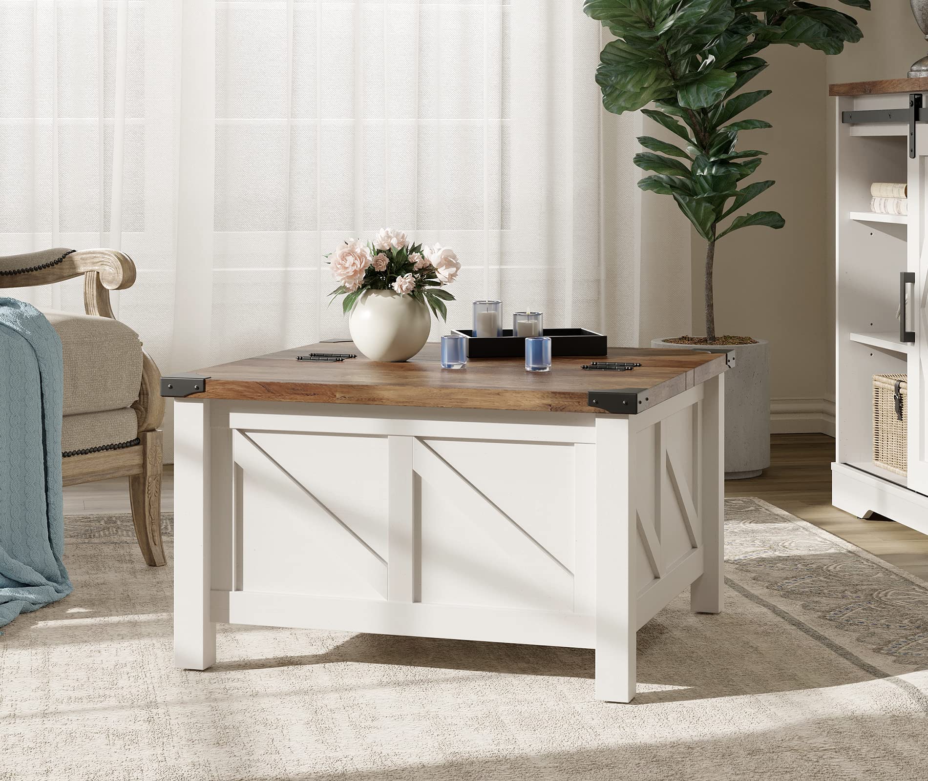 Square Wood Center Table with Gas Struts Lift-Top for Extra Large Hidden Storage