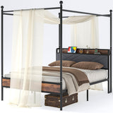 Canopy Bed Frames Full Size Metal Platform with Charging Station, Headboard and Footboard