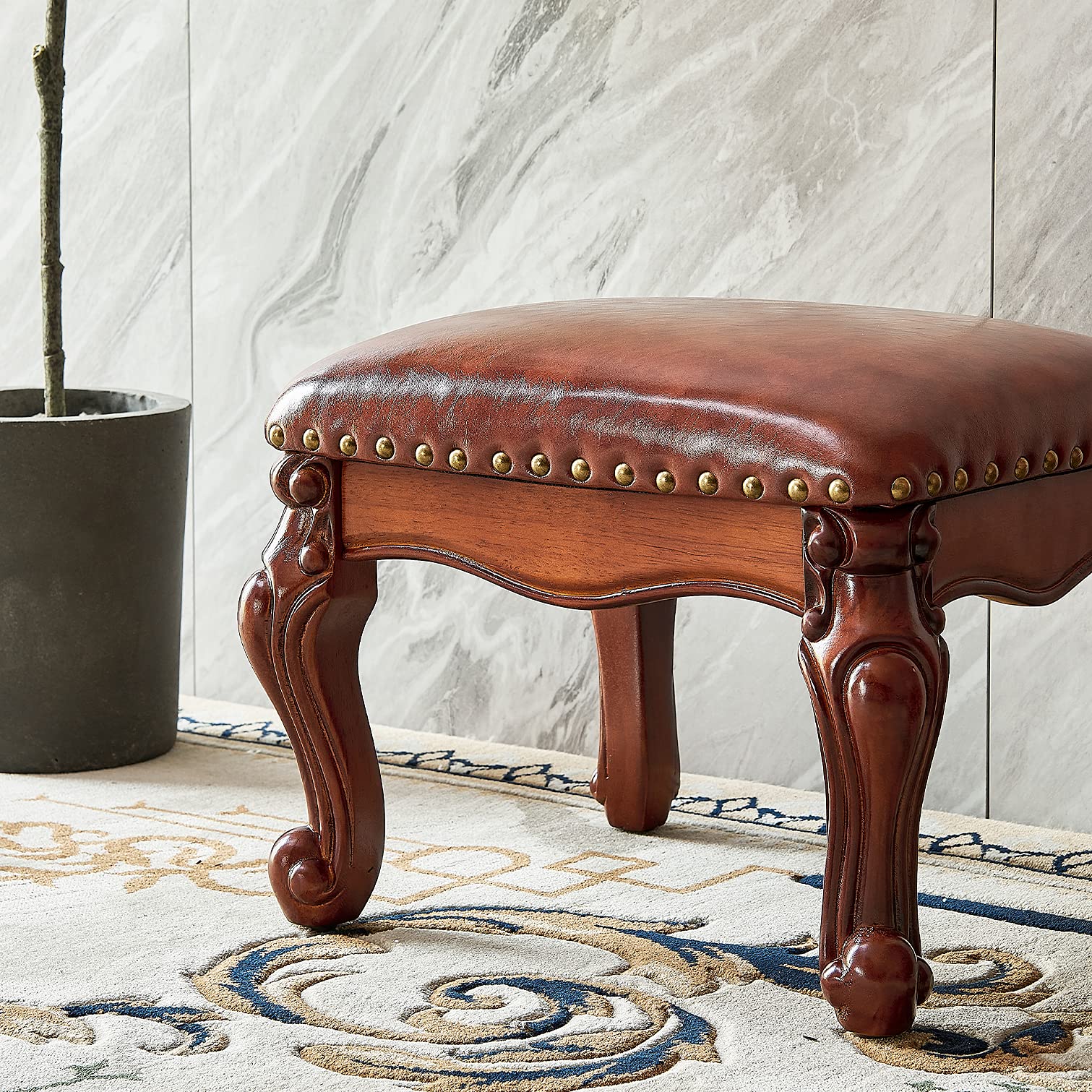 Foot Stool Microfiber Leather Ottoman Wooden Vintage Stool