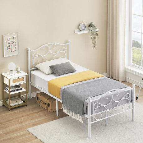 White Twin Bed Frame with Headboard and Footboard for Girls, Metal Platform Bed Frame