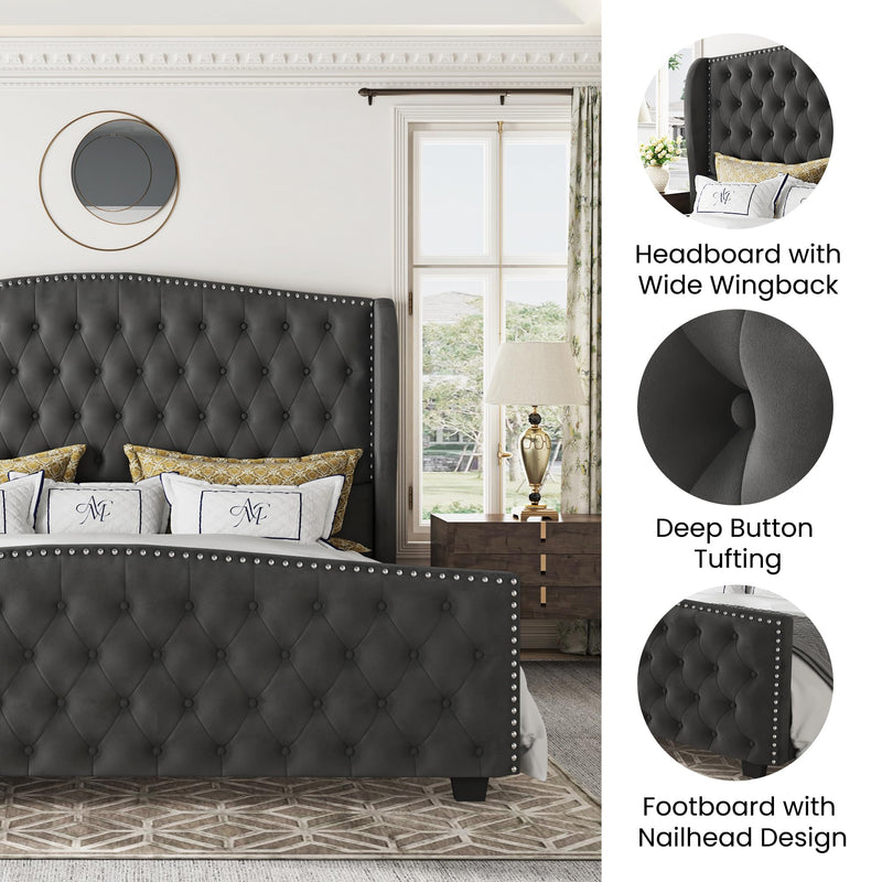 King Size Bed Frame with Tufted Headboard & Footboard Velvet Upholstered Platform Bed