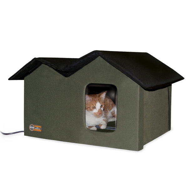 Outdoor Heated Cat House Extra-Wide Olive/Black 26.5 X 15.5 X 21.5 Inches